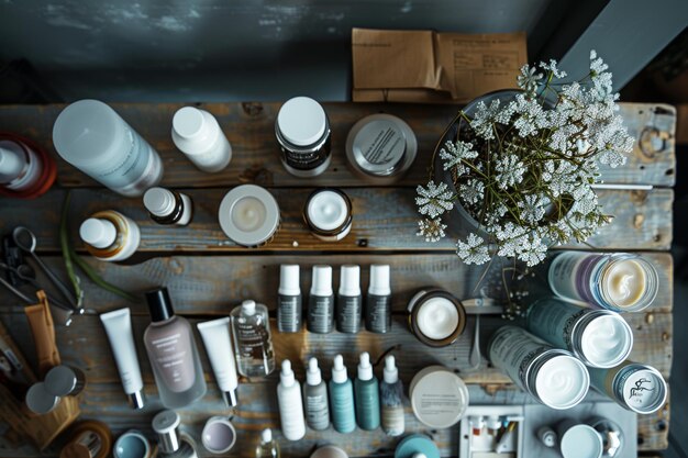 Photo luxury skincare vanity table organization with highend serums creams and tools elegance in beauty routine