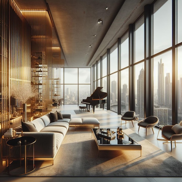 現代的なミニマリストデザインの金色のアクセントとピアノの豪華なペントハウス