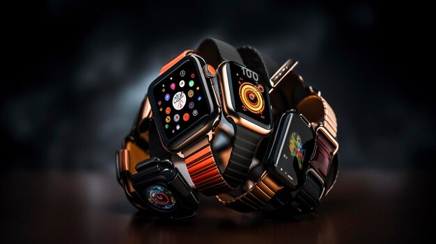 Luxury smartwatch with leather strap on dark background modern technology and fashion concept