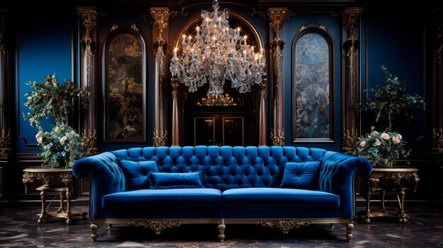 luxury sofa and armchair with blue velvet