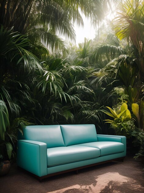 Foto divano di lusso nella foresta tropicale daylight illustrazione cinematografica ai generativa