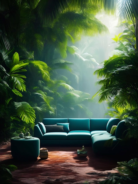 Foto divano di lusso nella foresta tropicale daylight illustrazione cinematografica ai generativa