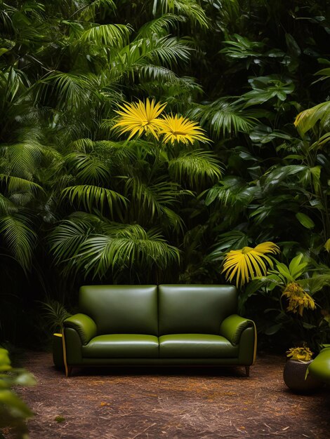 Foto divano di lusso nella foresta tropicale daylight illustrazione cinematografica ai generativa