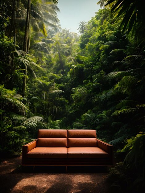 Foto divano di lusso nella foresta tropicale daylight illustrazione cinematografica ai generativa