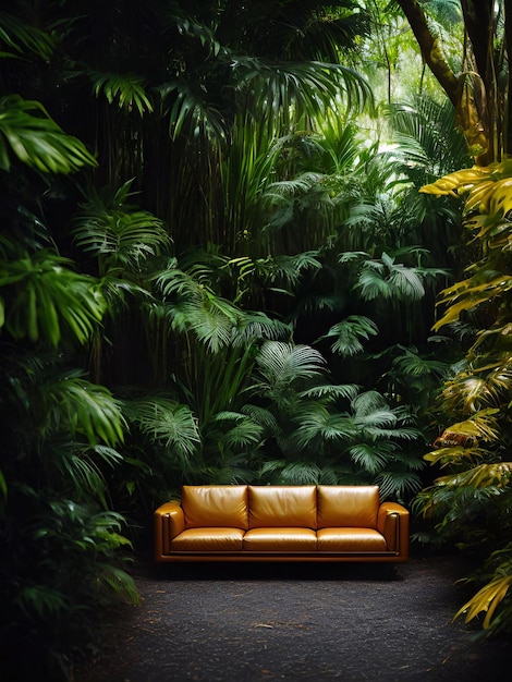 Роскошный диван в тропическом лесу Дневной свет Кинематографическая генеративная иллюстрация AI