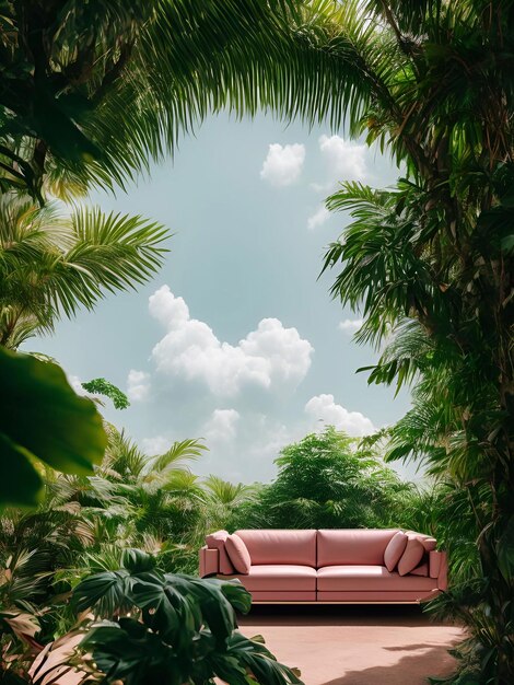 Photo luxury sofa in the tropical forest daylight cinematic generative ai illustration