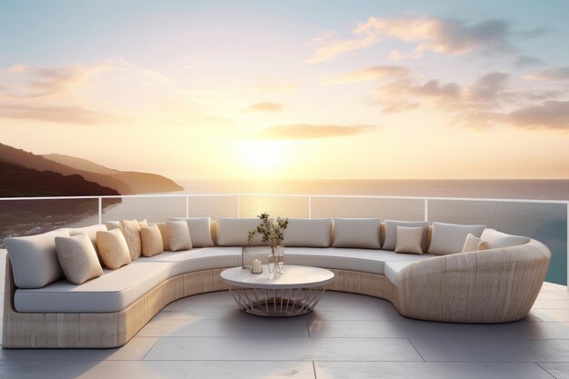 Luxury sofa with sea view sun set scene at luxury hotel ai