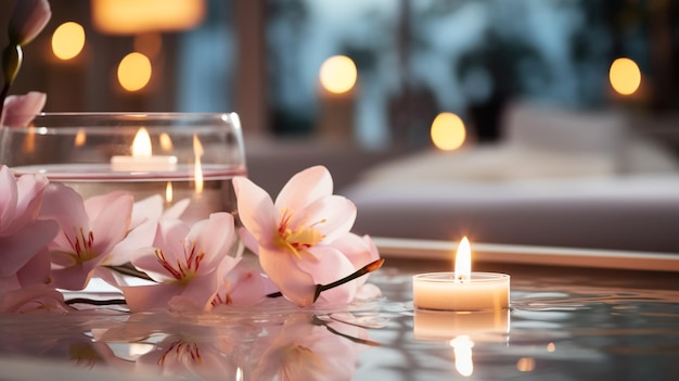 Foto spa di lusso con piscina candele fiori di magnolia accogliente salone di massaggi