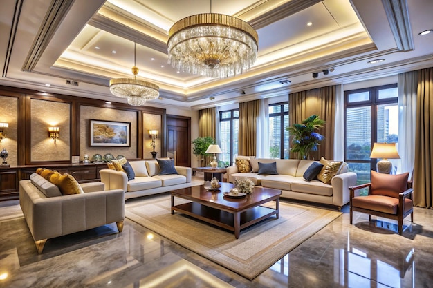 Luxury specious living room interior with modern ceiling lights