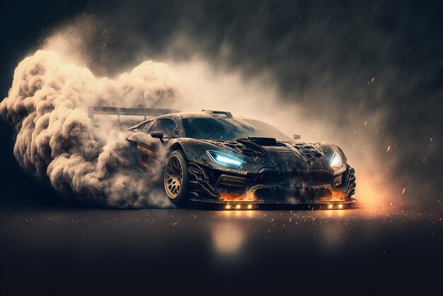 Luxury sport car drifting on track racing car in smoke from bur