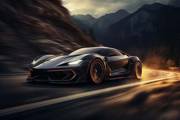 Luxury sports car driving at sunset on a mountain road