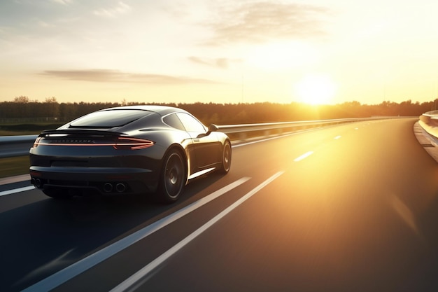 Luxury sports car speeding on a highway at the sunset