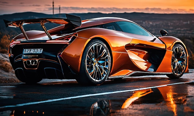 Photo luxury sports car sunset scene