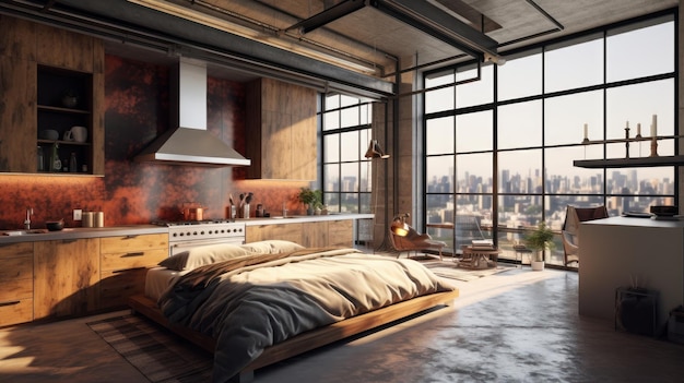 Luxury studio apartment with a free layout in a loft style in dark colors stylish modern kitchen wit