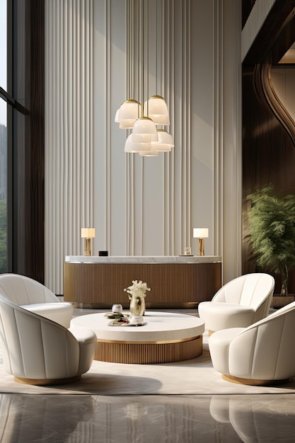 Luxury style office or hotel interior with reception desk and armchairs