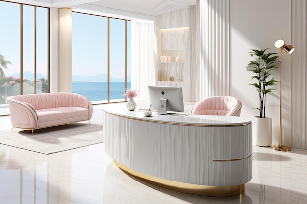 Luxury style pink beauty salon clinic or shop interior with white reception desk and armchairs