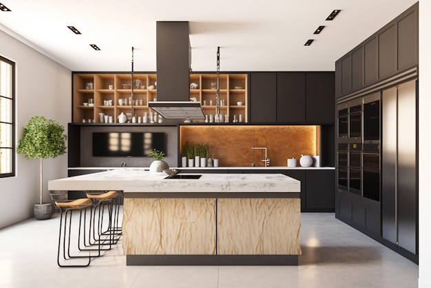 Luxury stylish modern large kitchen interior with furniture and kitchen utensils in an apartment hom