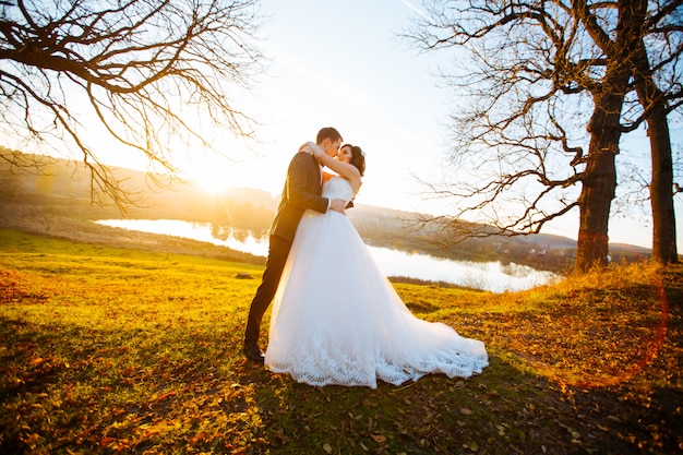 Luxury stylish young bride and groom on the space spring sunny green forest