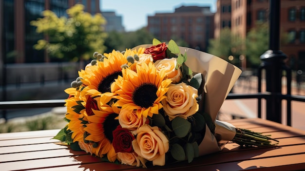 사진 은 날에 벤치에 놓인 꽃과 장미로 구성된 럭셔리 꽃 부켓