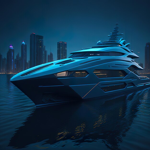 Luxury super blue yacht with modern design on ocean with sunset