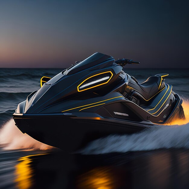 Foto cielo di super jet di lusso con design moderno sull'oceano con il tramonto