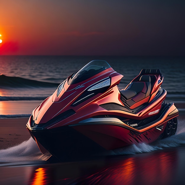 Luxury super red jet sky with modern design on ocean with sunset