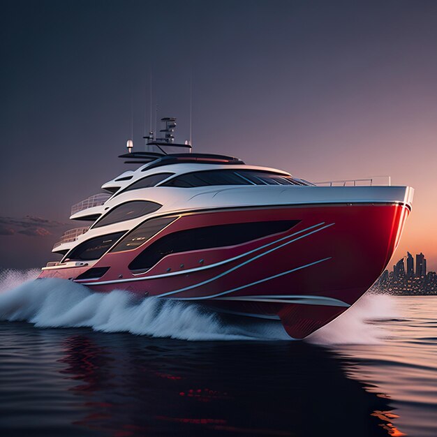 Foto lussuoso yacht super rosso e bianco con design moderno sull'oceano con il tramonto