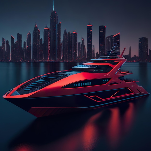 Luxury super red yacht with modern design on ocean with sunset