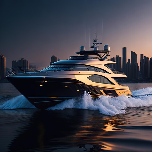 写真 夕暮れの海でモダンなデザインの豪華なスーパーシルバーヨット