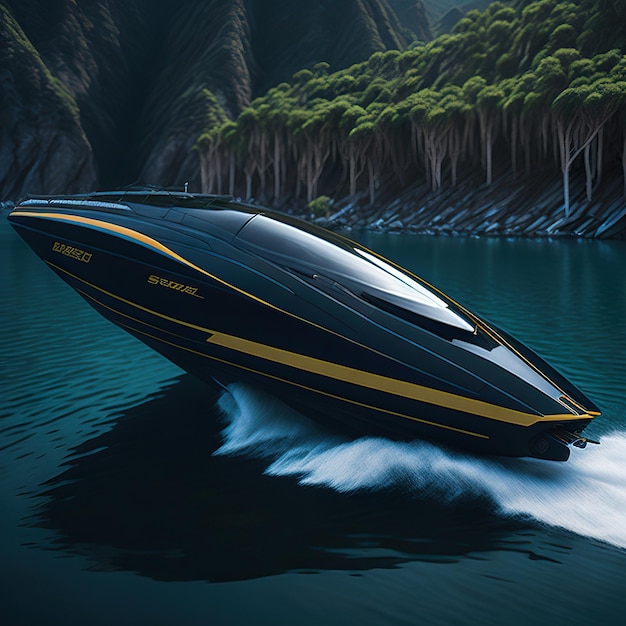 Foto barca di lusso super veloce con design moderno sull'oceano con il tramonto