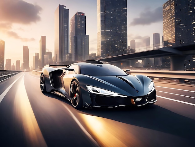 luxury super sports car future design driving on modern city highway generative ai