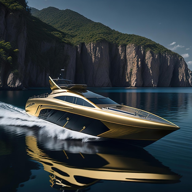 Роскошная супер яхта с современным дизайном на океане с закатом солнца