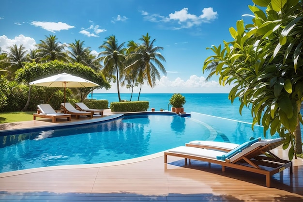 Роскошный бассейн и голубой водный курорт с прекрасным видом на море пляж вилла стулья зонтик