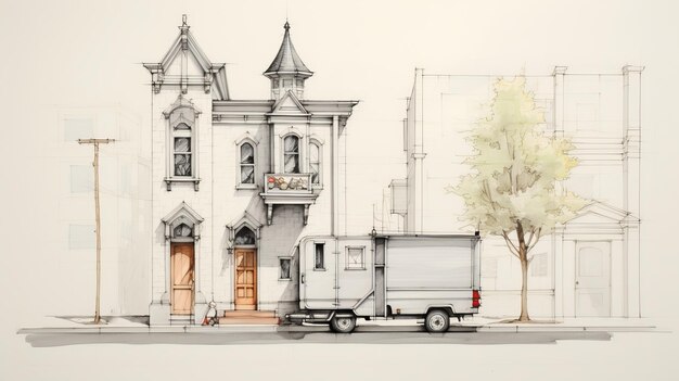 Photo luxury tiny home sketch with romanesque architecture and bird