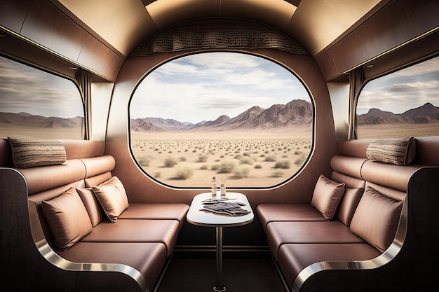 Luxury train with leather seating and sleek design speeding through scenic landscape