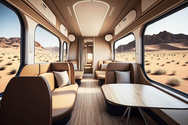 ミニマルなインテリアと洗練された家具が特徴の、洗練されたモダンなデザインの豪華列車