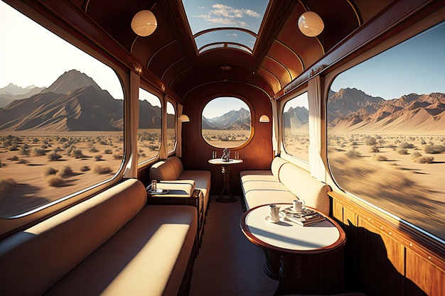 Luxury train with view of scenic mountain range on journey through the wilderness