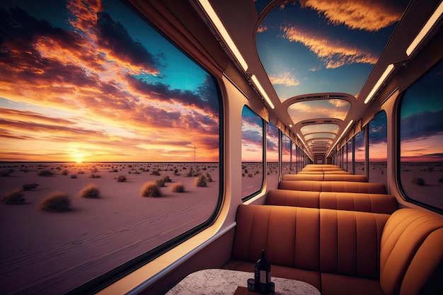 Luxury train with a view of the sunset and vibrant sky across the horizon