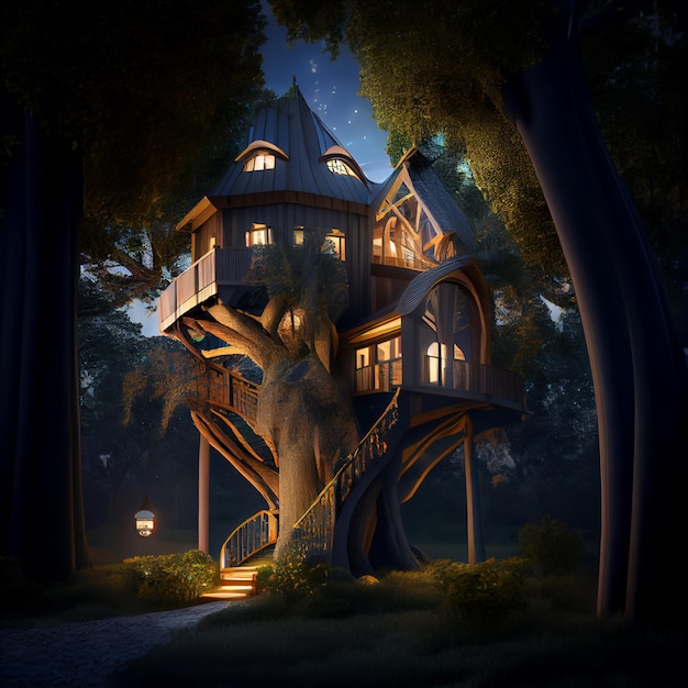 Luxury tree house in the forest 3d render illustration