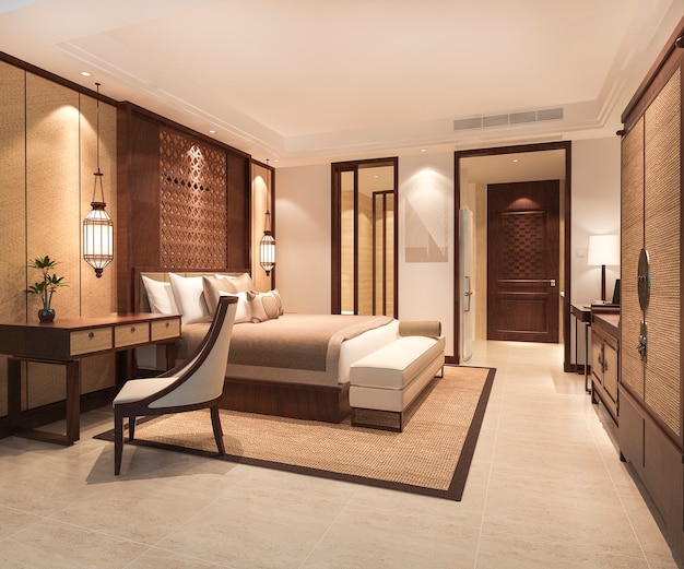 Luxury tropical bedroom suite in resort hotel with wardrobe
