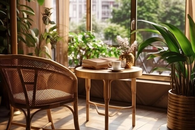 Luxury Tropical Cafe with Wooden Table and Rattan Chair Generative Ai