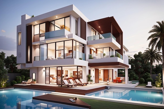 Luxury twostorey house with balconies with contemporary exterior house with swimming pool