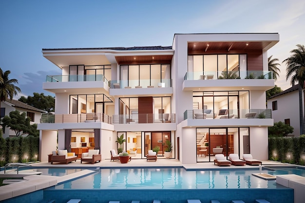 Luxury twostorey house with balconies with contemporary exterior house with swimming pool