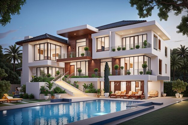 Luxury twostorey house with balconies with contemporary exterior house with swimming pool