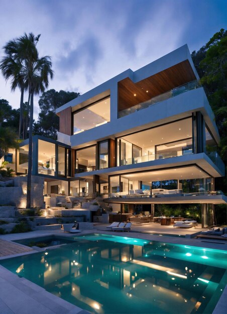 Luxury twostorey house with balconies with contemporary house exterior against backdrop of setting