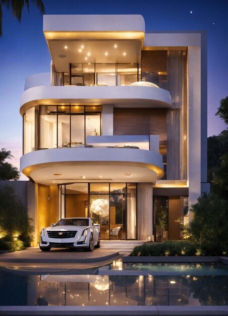 Luxury twostorey house with balconies with contemporary house exterior against backdrop of setting