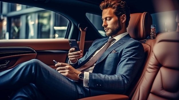 Photo in a luxury vehicle a young elegant businessman watches television using generative ai