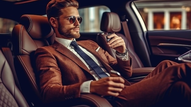 Photo in a luxury vehicle a young elegant businessman watches television using generative ai