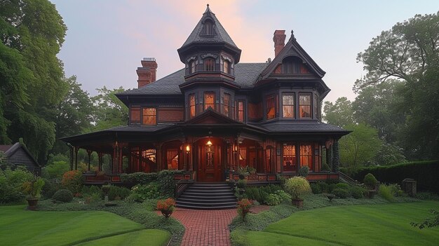 Photo a luxury victorian home with turrets stained background