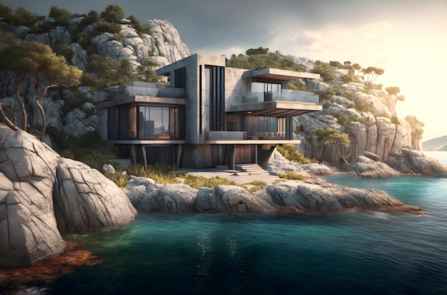 Luxury villa by river or lake at sunset exterior of modern house on rocky shore generative AI